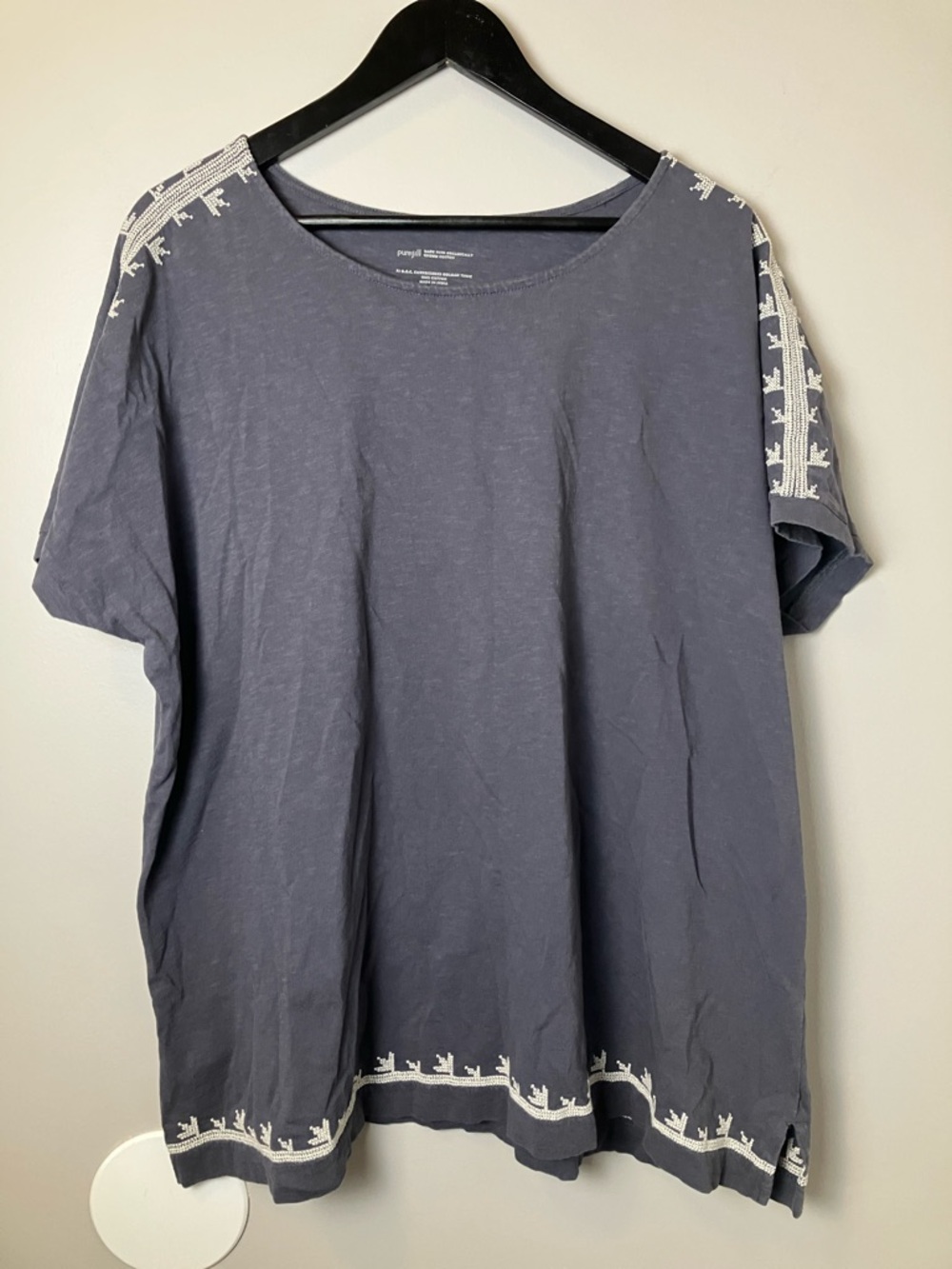 Pure Jill Bllue Short Sleeve Embroidered Sleeves Organic Cotton Shirt Size XL